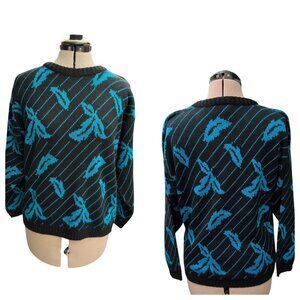 Vintage Croquet Club Black Teal Floral Women's Sweater 80's Made In USA S/M